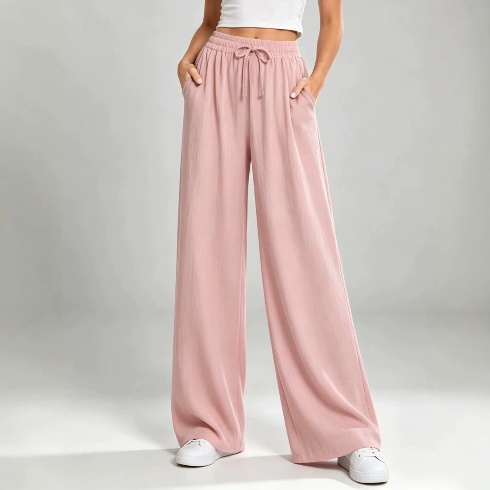 Drawstring High-Waist Straight-Leg Wide-Leg Pants for Women Solid Color