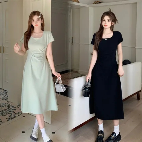 Women's French Tea Break A-Line Midi Dress Short Sleeve Round Neck Solid Color