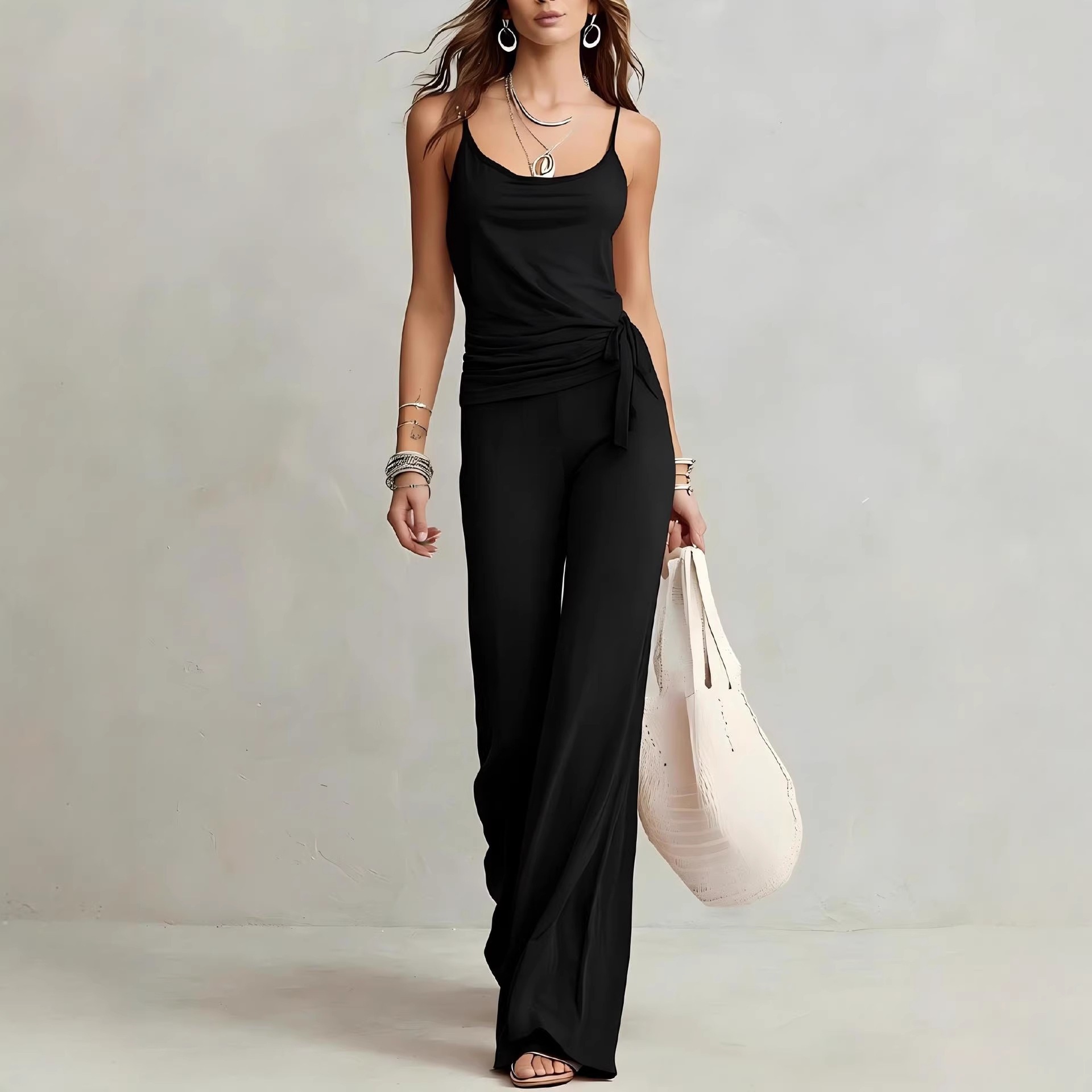 Solid Color Sleeveless Cami Top and High-Waist Wide-Leg Pants Set
