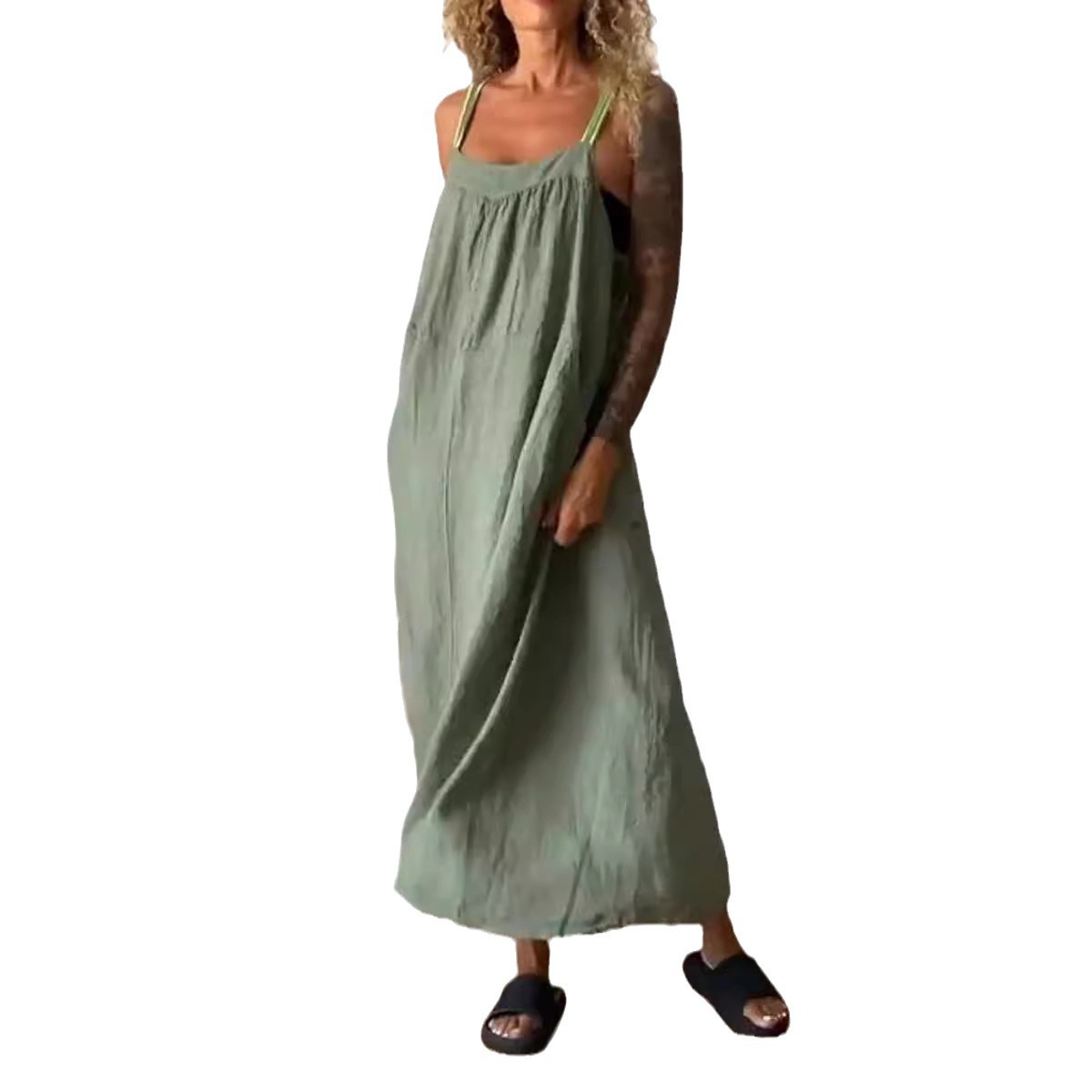 Women's Cotton Linen Sleeveless Pinafore Dress Casual Solid Color Long Dress
