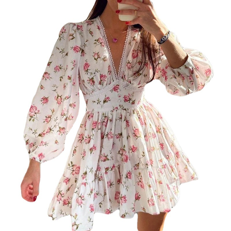 Women's Floral Lace Short Dress with Waist-Cinching V-Neck Lantern Sleeves