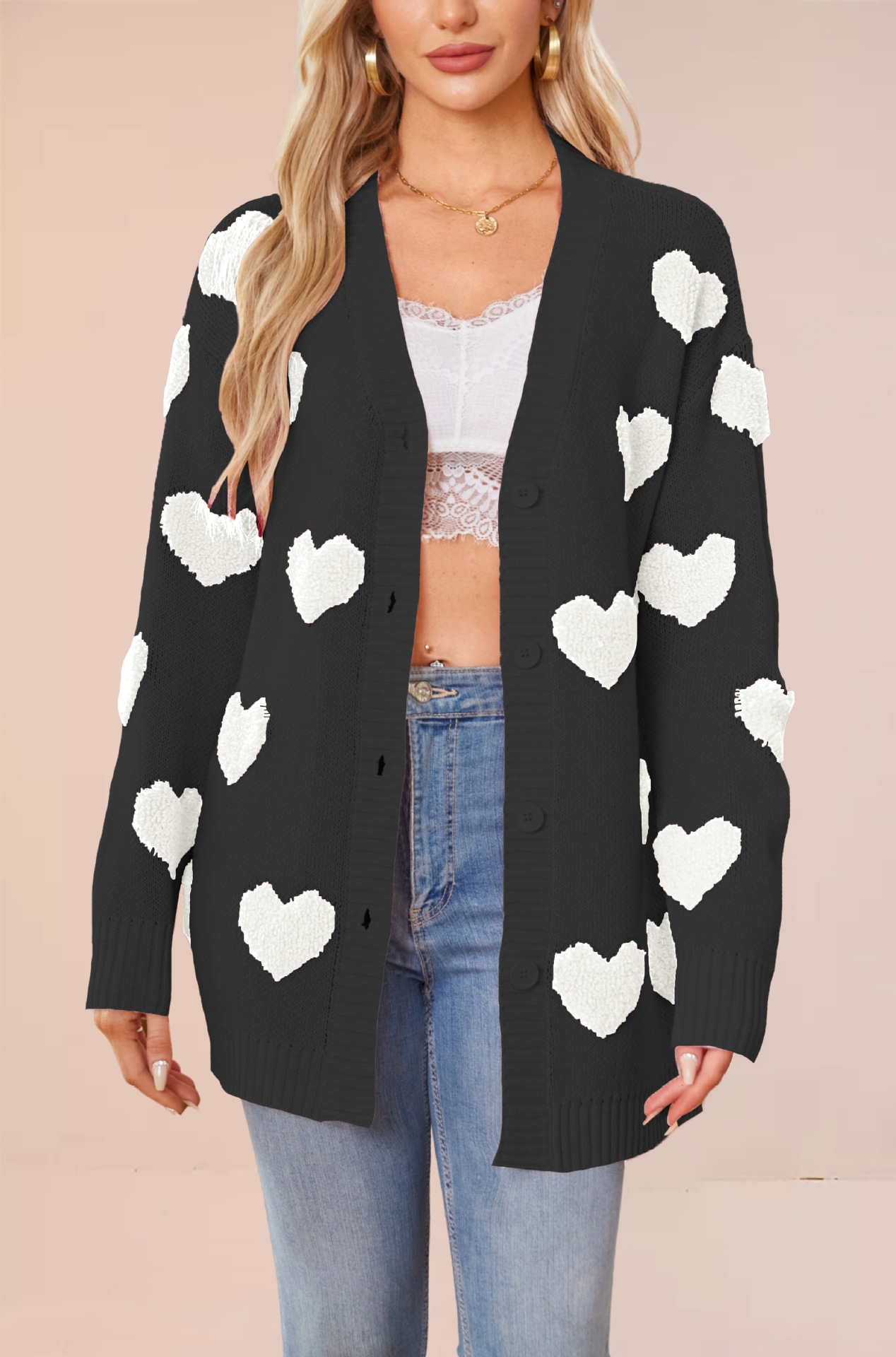 Heart Jacquard Knit Cardigan V-Neck Button Midi Length