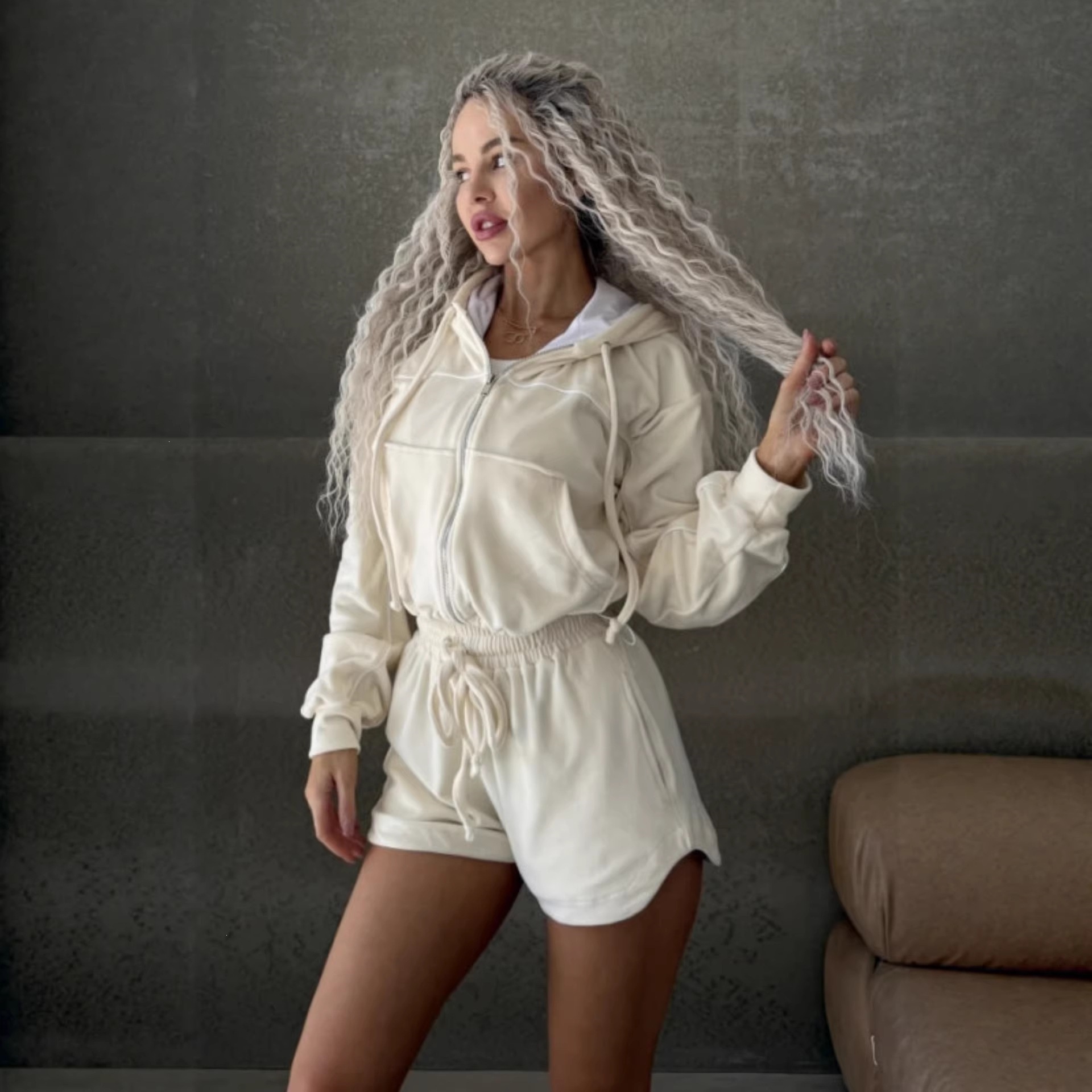 Velvet Colorblock Long-Sleeve Cardigan and Shorts Two-Piece Set