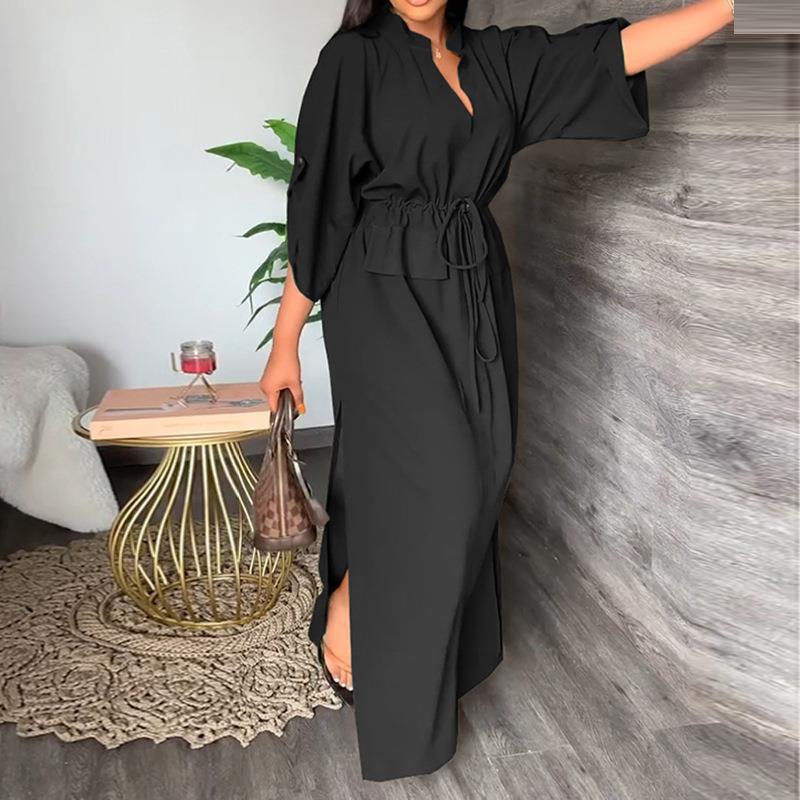 Women's Stand Collar Slit Solid Color Long Dress