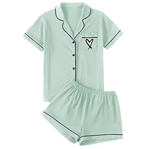 Cuban Collar Heart Hamster Elephant Print Women's Short Sleeve Set