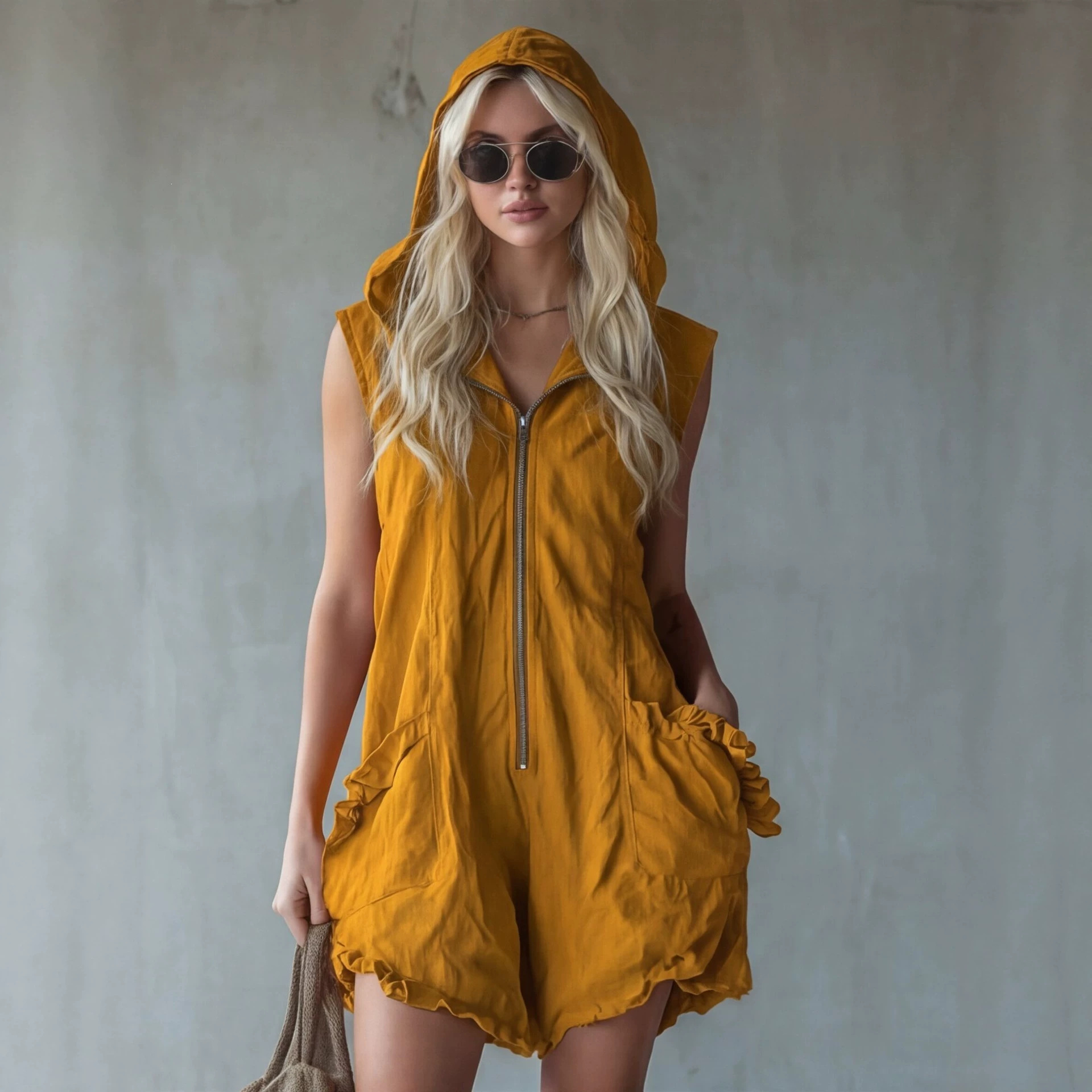 Women's Retro Hooded Zip Sleeveless Faux Linen Jumpsuit