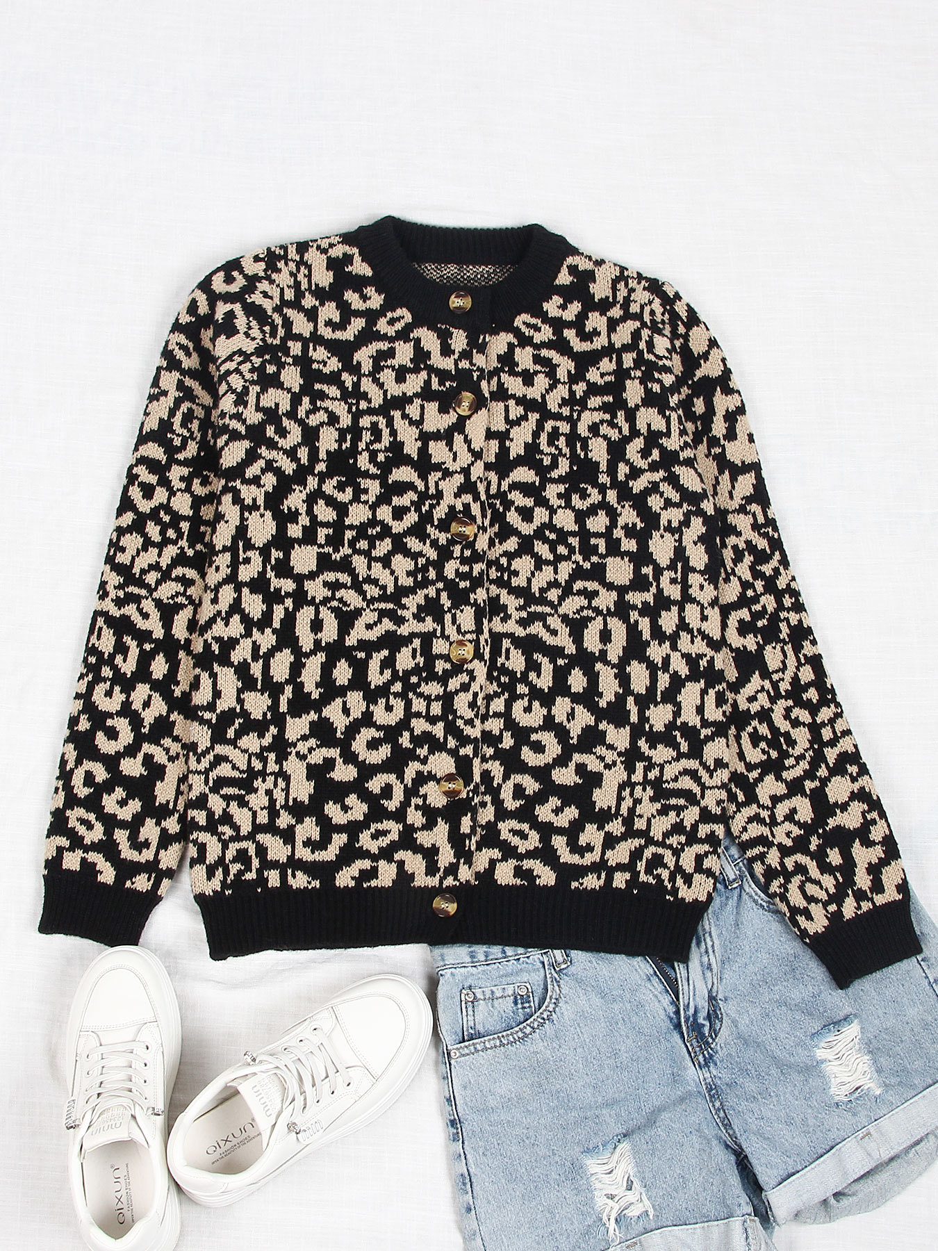 Women's Leopard Print Knit Cardigan Sweater Loose Crew Neck Long Sleeve