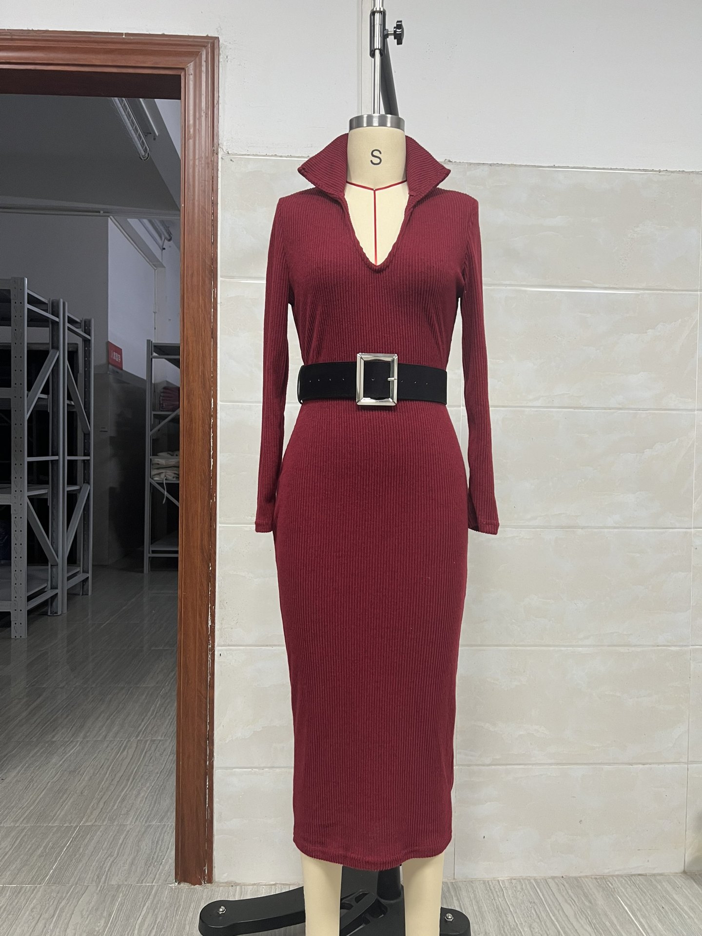 Women's Slim Fit Belted Midi Bodycon Dress High Neck Long Sleeve Knit