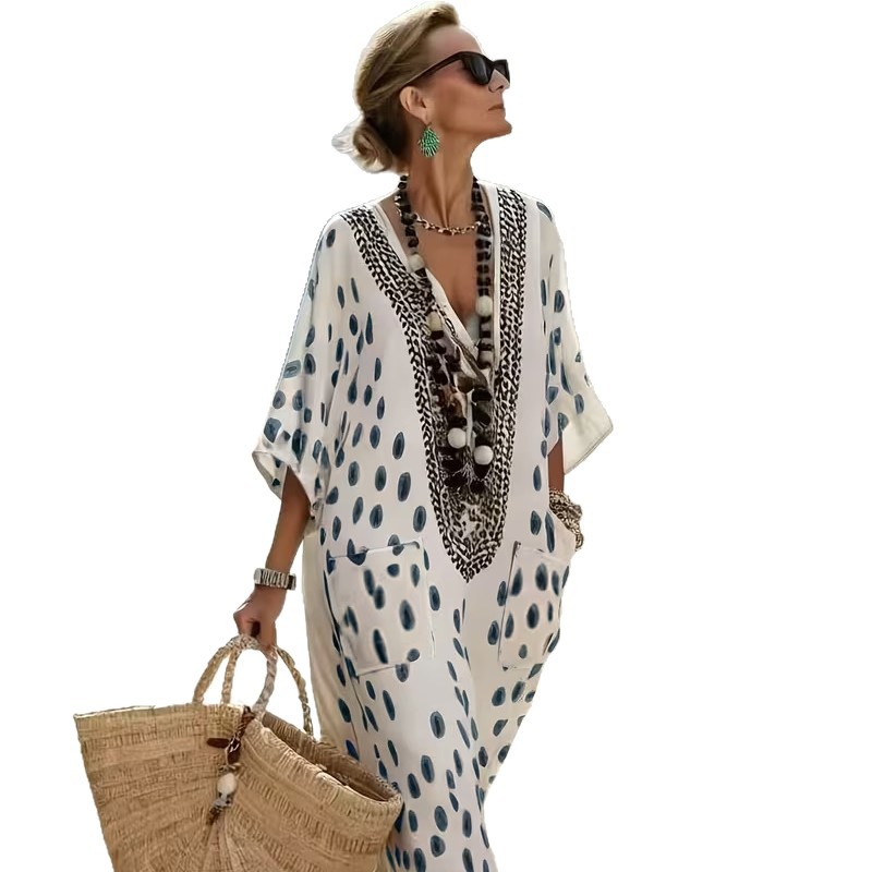 Women's Floral Polka Dot Print Midi Dress Deep V-Neck Five-Sleeve Slim Fit Casual