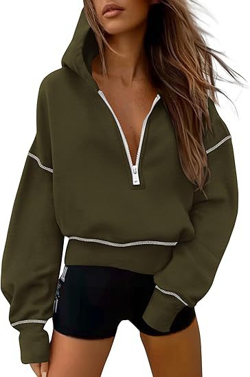 Women's Half-Zip Hooded Cropped Sweatshirt Long Sleeve