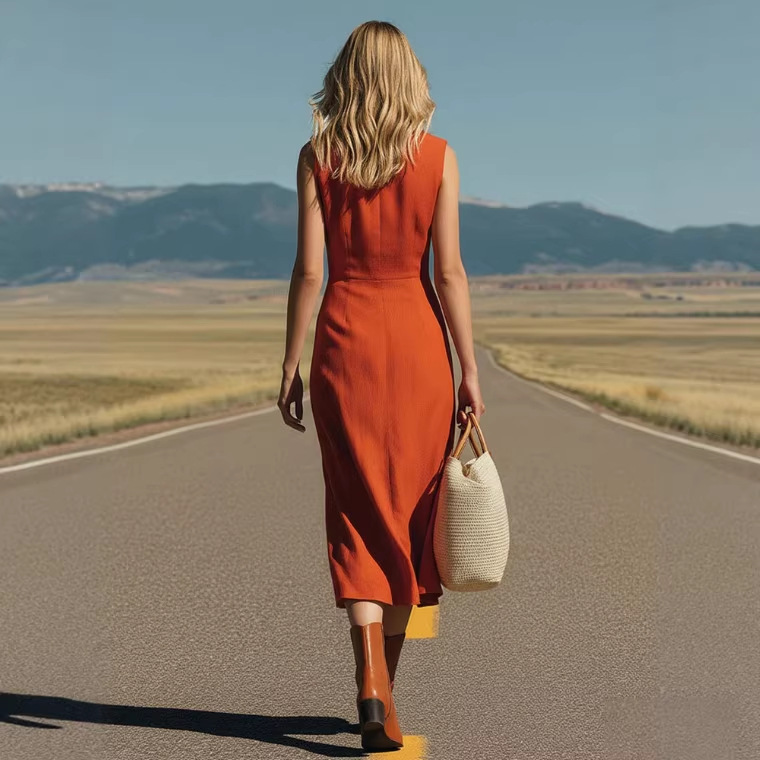 Orange Sleeveless V-Neck Slit Midi Dress