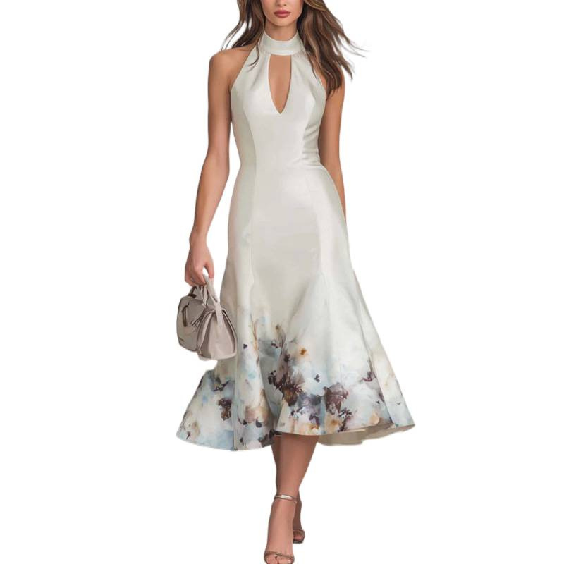 Elegant V-Neck Sleeveless Floral Print A-Line Midi Dress