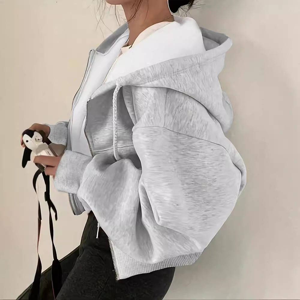 Drawstring Hooded Zip-Up Cropped Hoodie