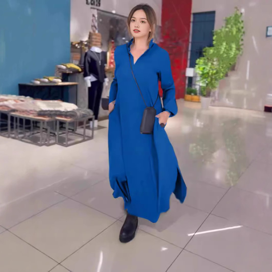 Women's Solid V-Neck Long Sleeve Loose Fit Maxi Dress