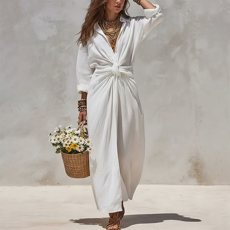 Women's Casual Solid Shirt-Collar Long Dress Single-Breasted Pleated Long-Sleeve