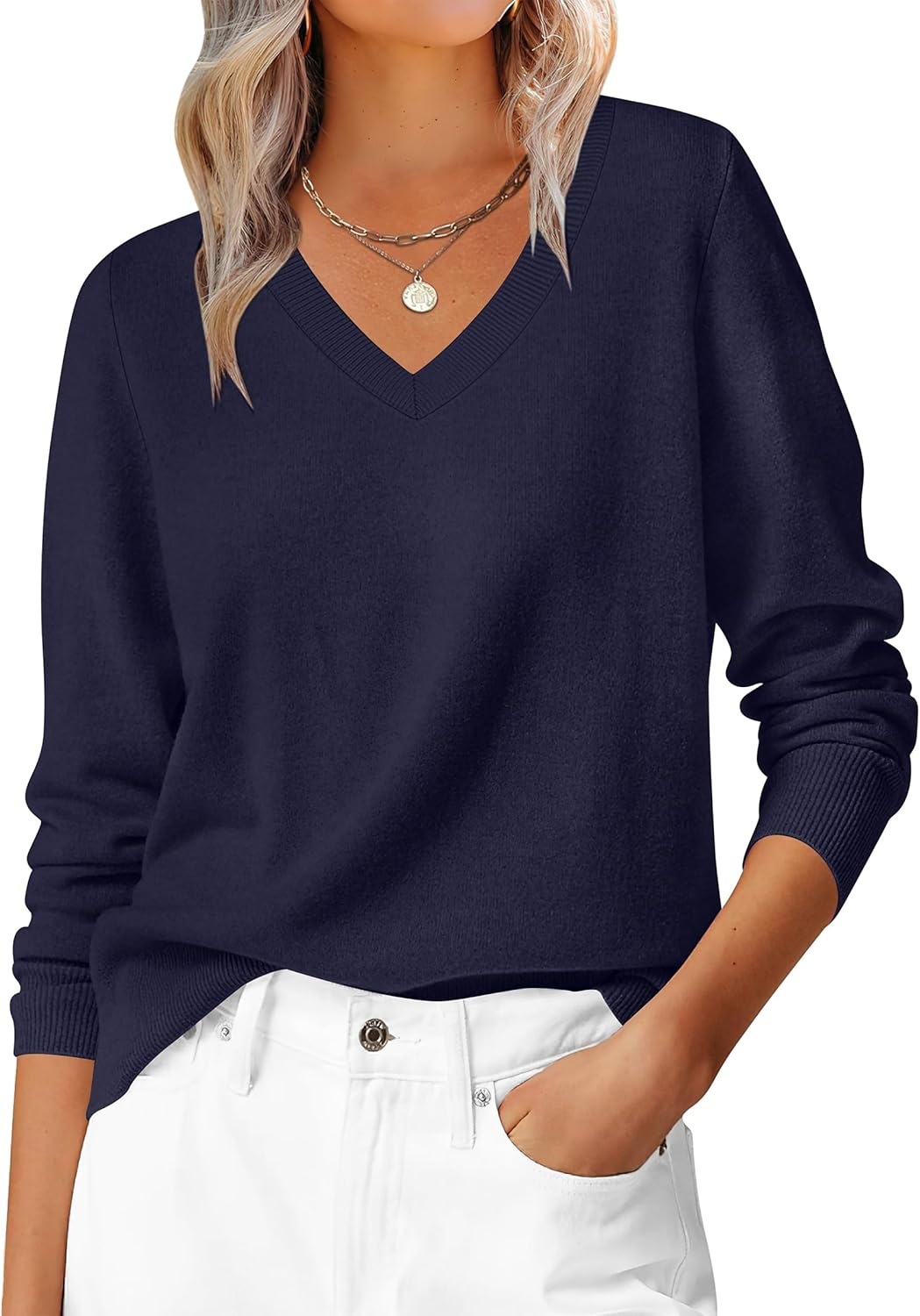 Women's Long Sleeve V-Neck Sweater Soft Loose Pullover Classic Casual