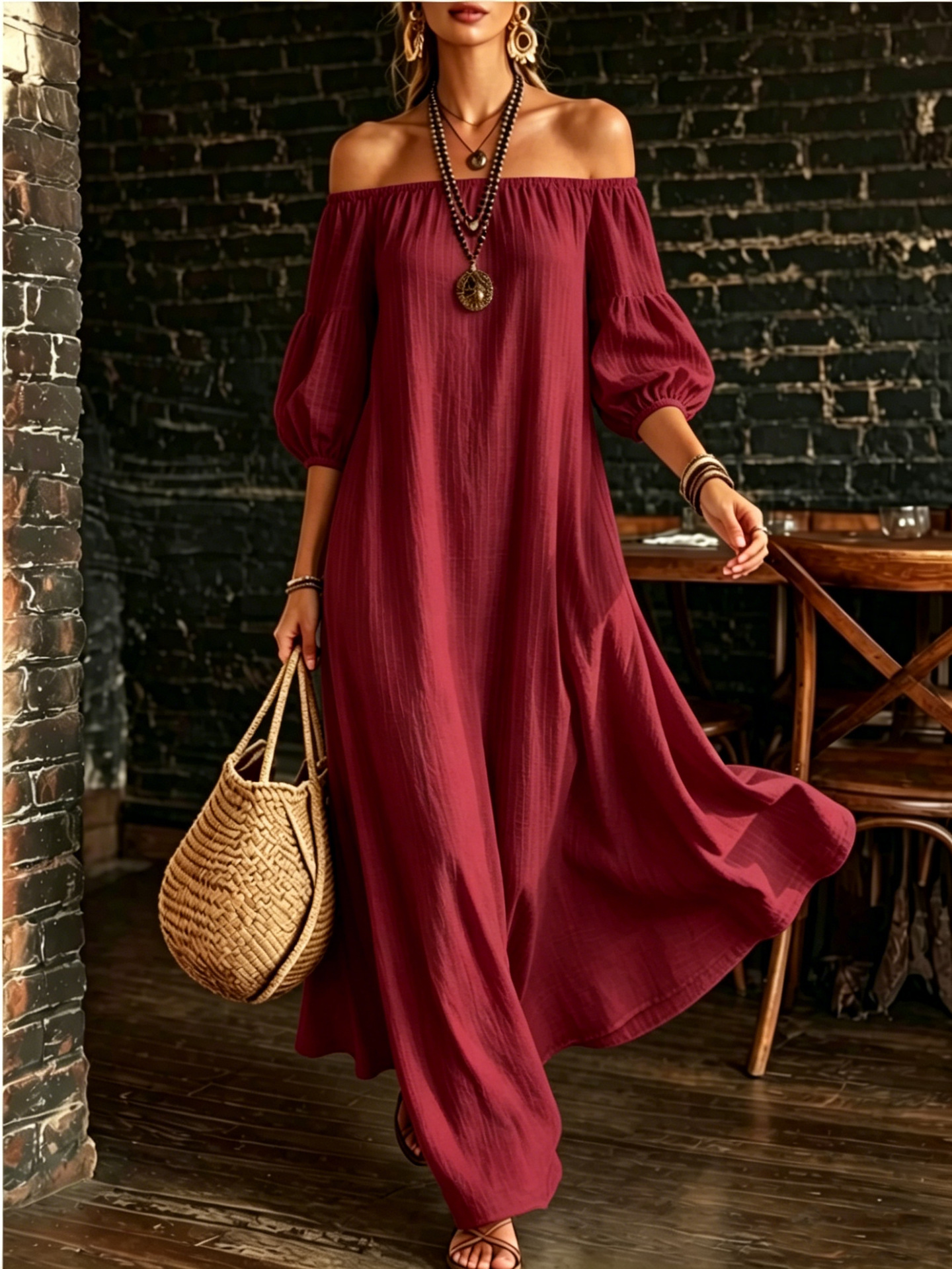 Off-Shoulder Puff Sleeve Textured Solid Color Dress Women Loose Flowy Vacation Beach Long Dress