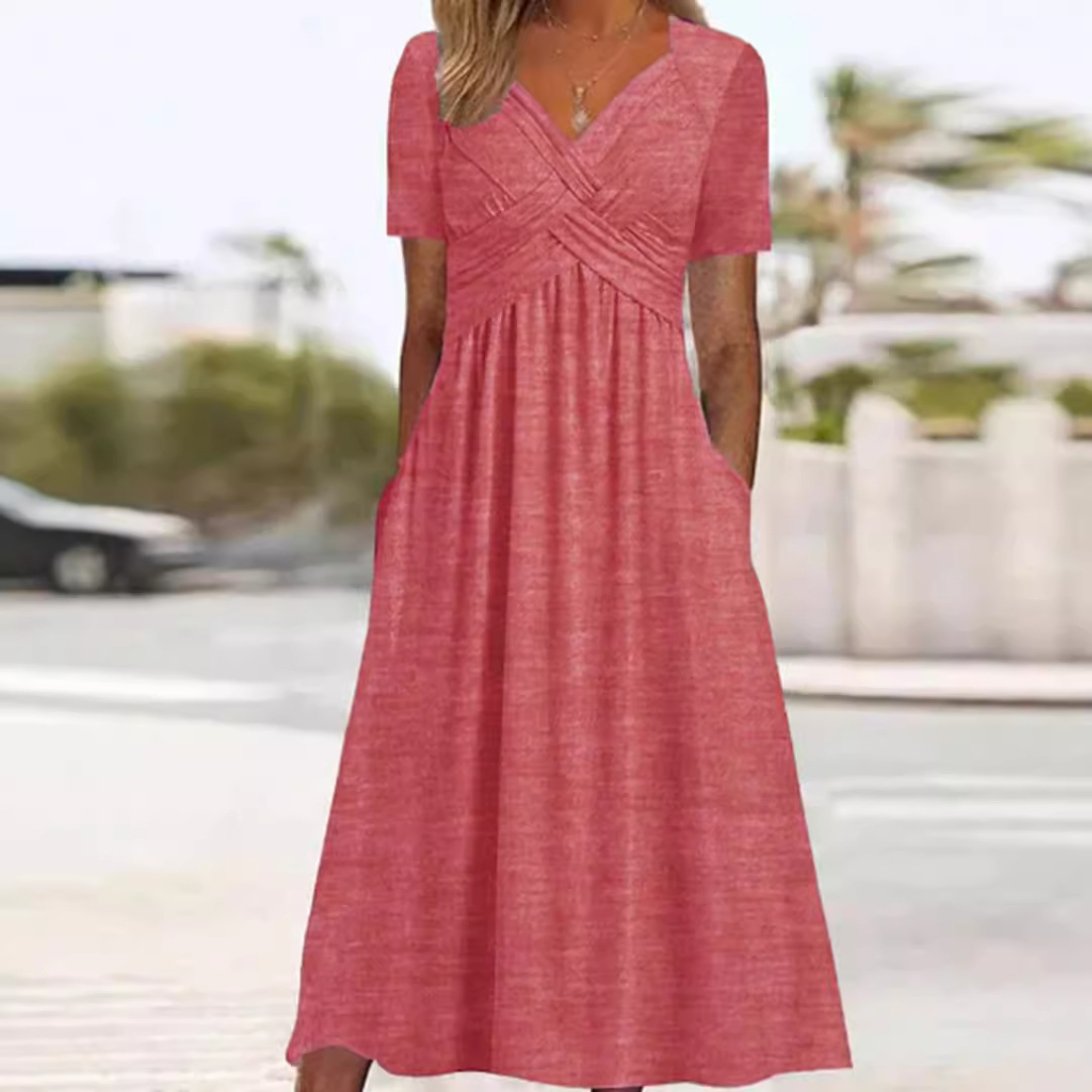 Solid V-Neck Short Sleeve Maxi Dress