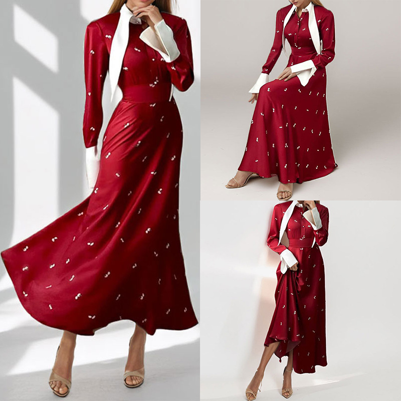 Elegant French Floral Print Long Sleeve Collared Maxi Dress