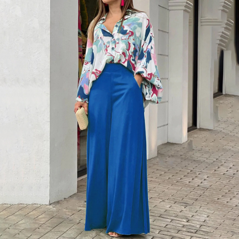 Women's Printed Shirt & Wide-Leg Pants Casual Set