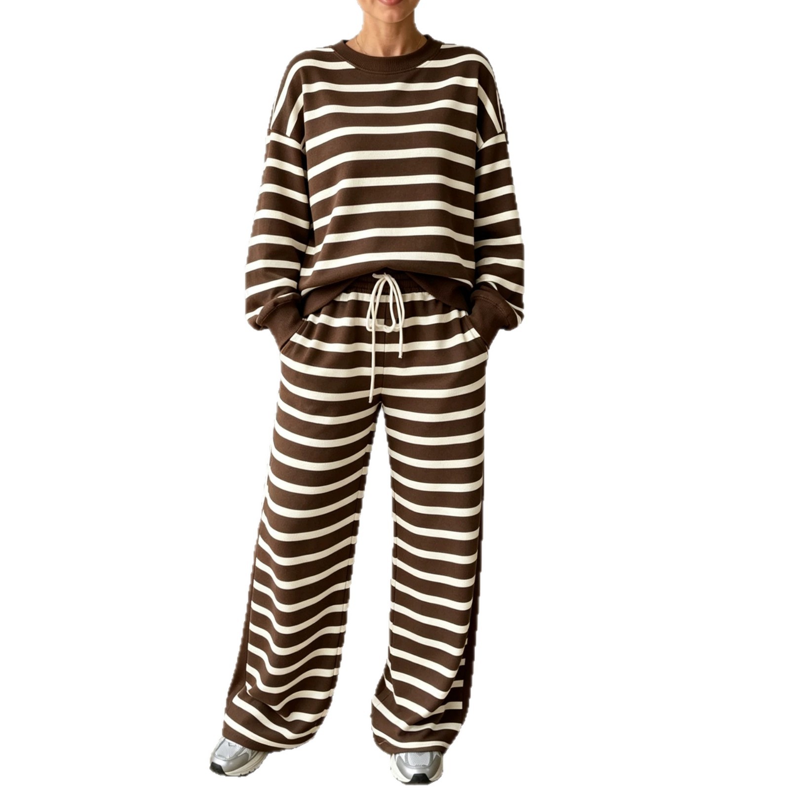 Women's High-Waist Striped Print Long-Sleeve Two-Piece Casual Set
