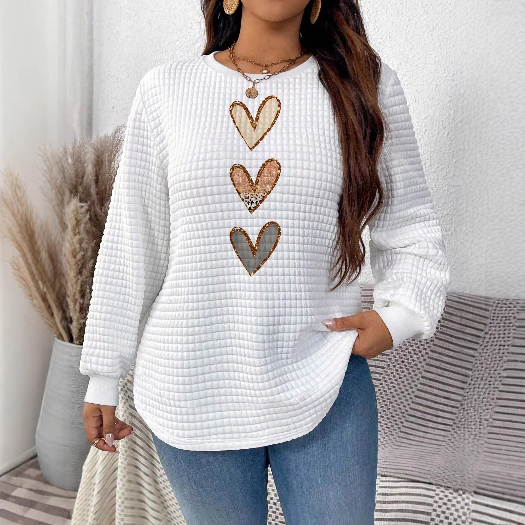 Waffle Knit Heart Print Crewneck Sweatshirt for Women