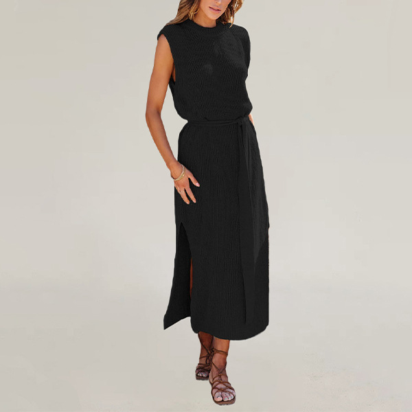 Women's Crewneck Solid Knit Dress with Slit and Belt