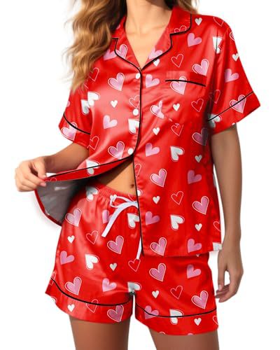 Women's Cuban Collar Bow Flamingo Heart Print Short Sleeve Set
