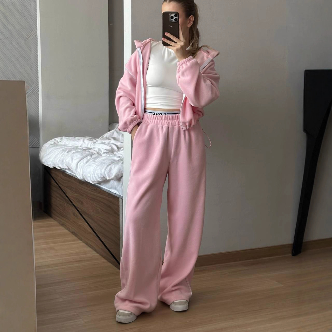 Women's Fleece Two-Piece Set with Long Sleeve Cardigan Jacket and Elastic Waist Pants