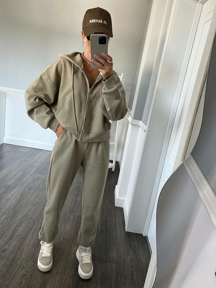 Women's Solid Color Long Sleeve Zip Hoodie and Drawstring Pants Two-Piece Set