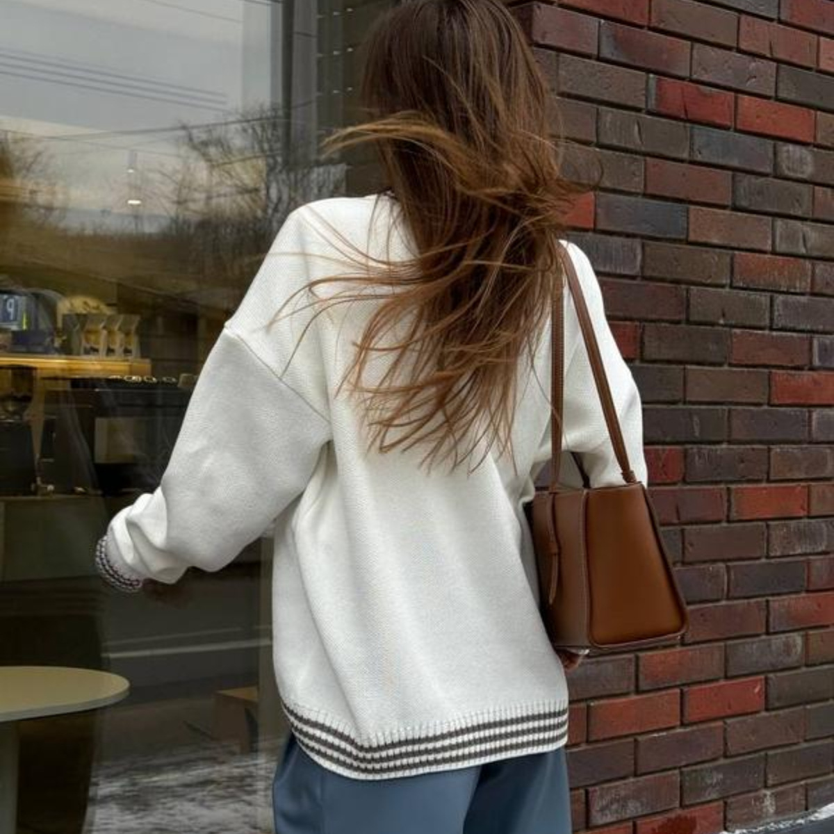 Women's Crewneck Pullover Knit Sweater Lantern Sleeve Loose Fit