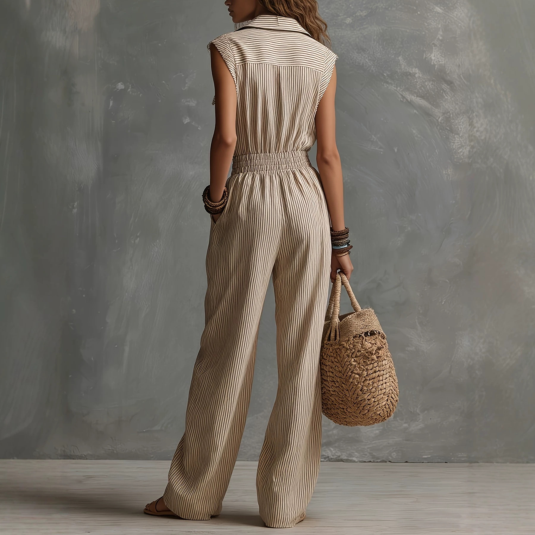 Striped Sleeveless Zip Pocket Jumpsuit Cargo Long Pants