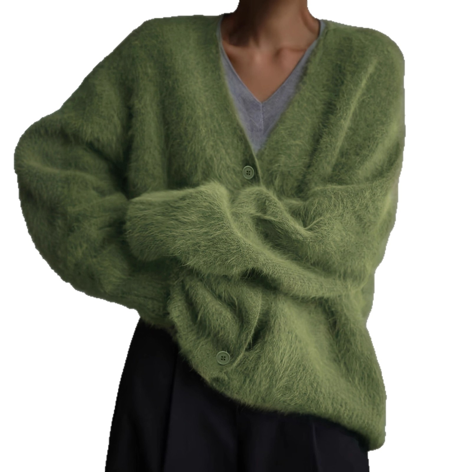 Women's Fuzzy Knit Cardigan Loose Slouchy V-Neck Green
