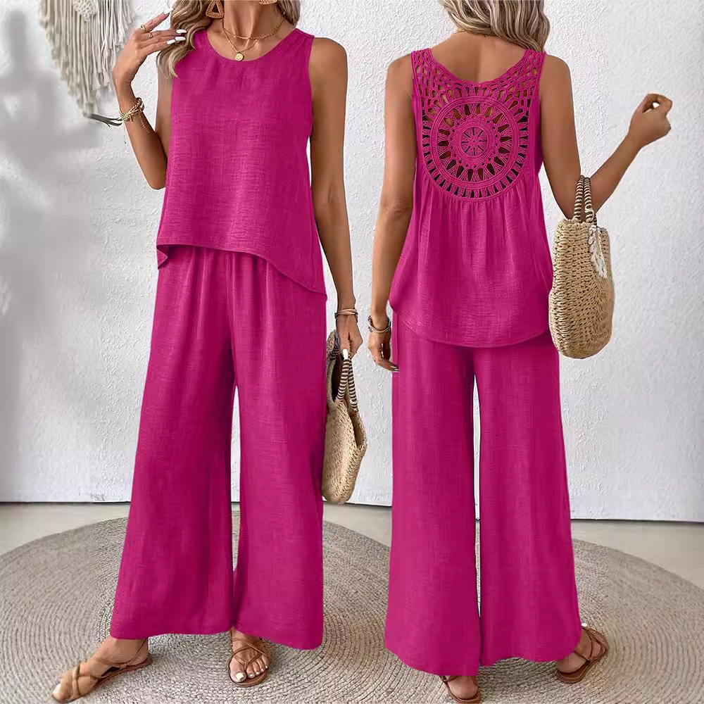 Women's Two-Piece Sleeveless Tank Top and Wide-Leg Pants Set with Hollow-Out Lace Trim