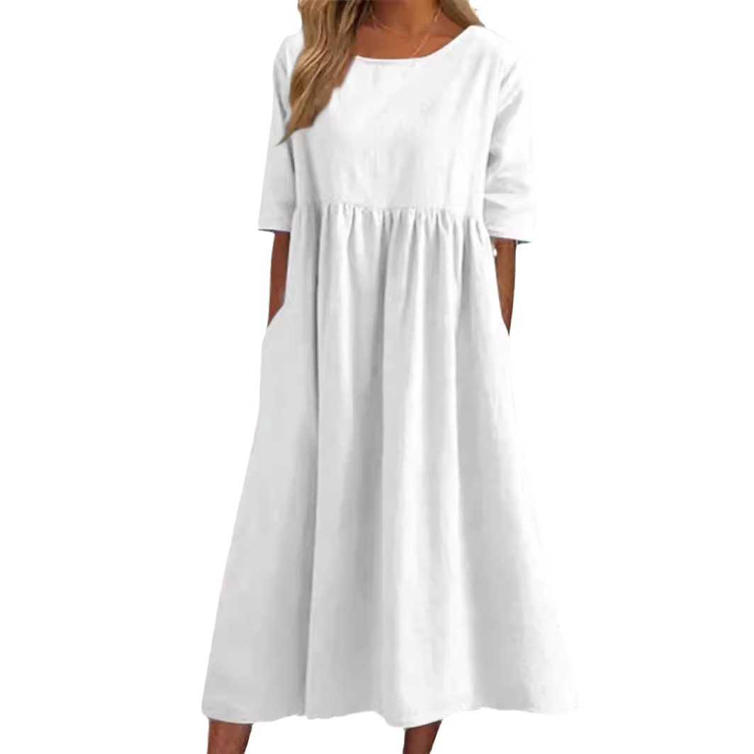 Cotton-Linen Short-Sleeve Pocket Pleated Loose Round-Neck Dress