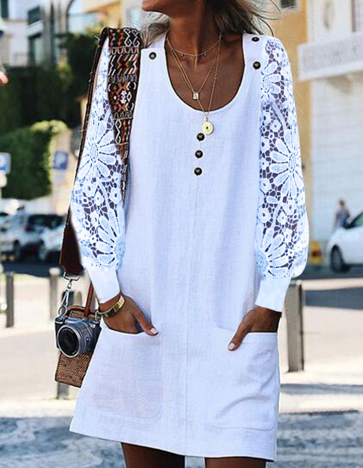 Women's Summer Solid Color Cutout Long Sleeve U-Neck Button Dress with Pockets
