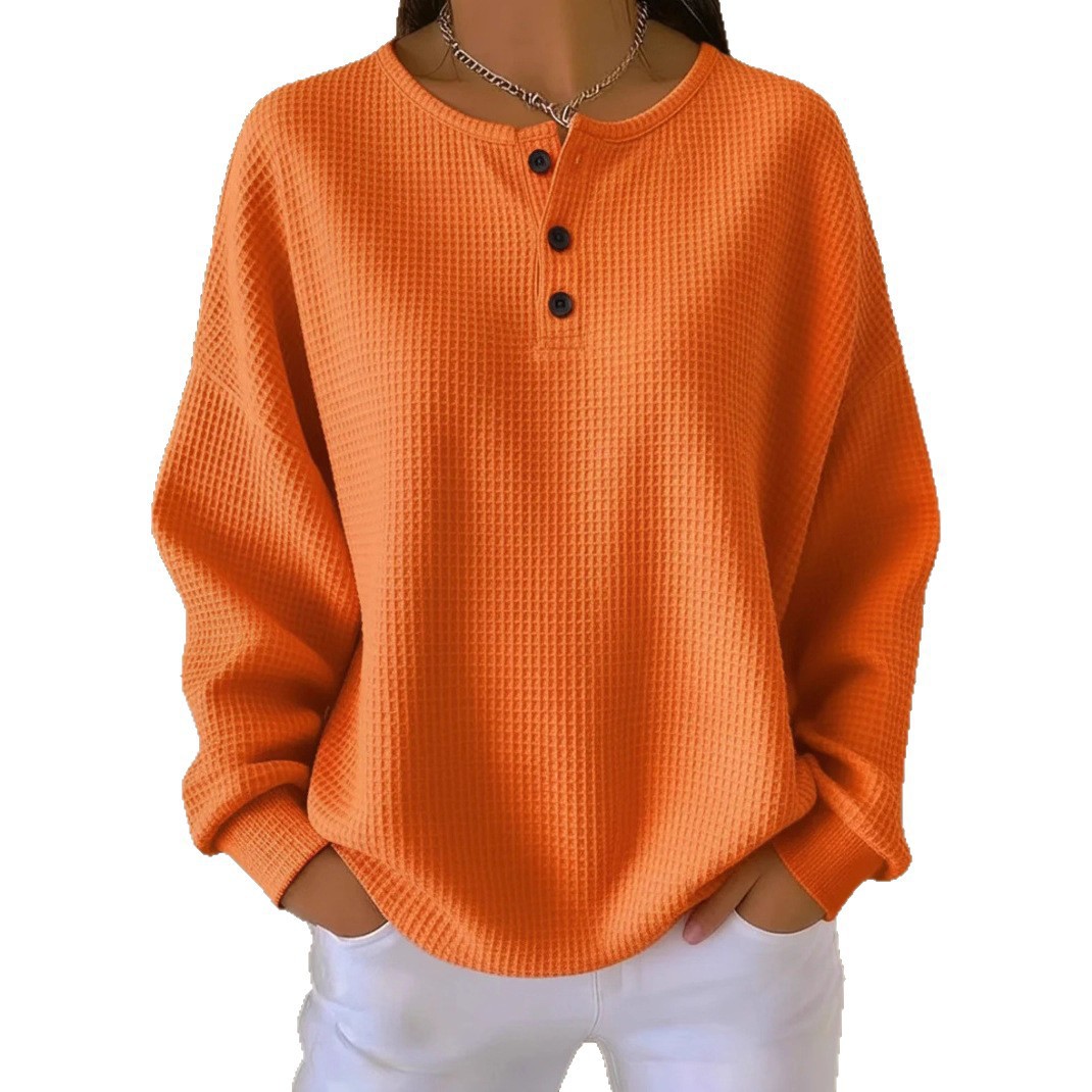 Waffle Knit Crewneck Pullover Loose Fit Solid Color Top