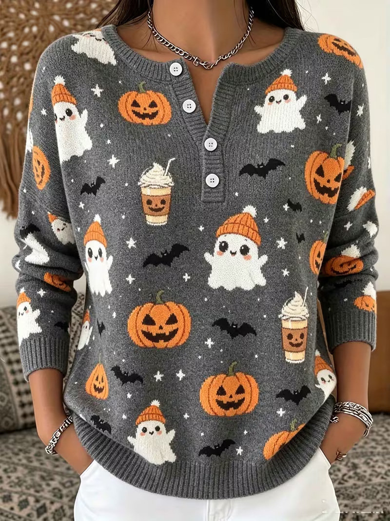 Women's Halloween Pumpkin Ghost Print Button Sweatshirt
