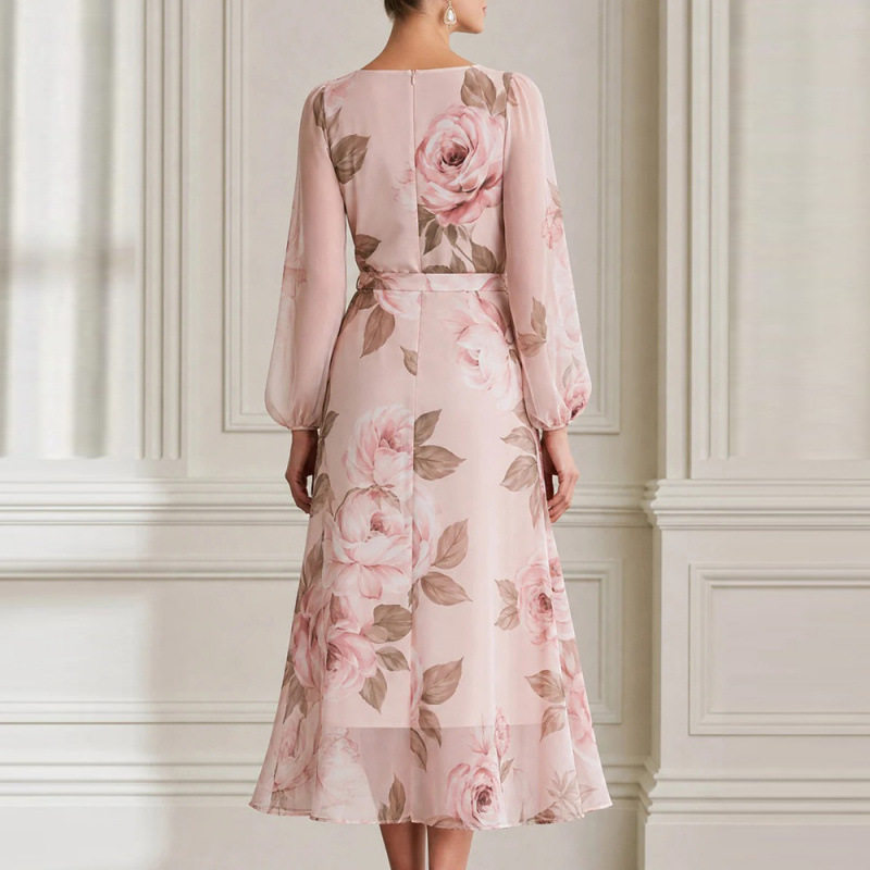 Floral Print V-Neck Lantern Sleeve A-Line Midi Dress