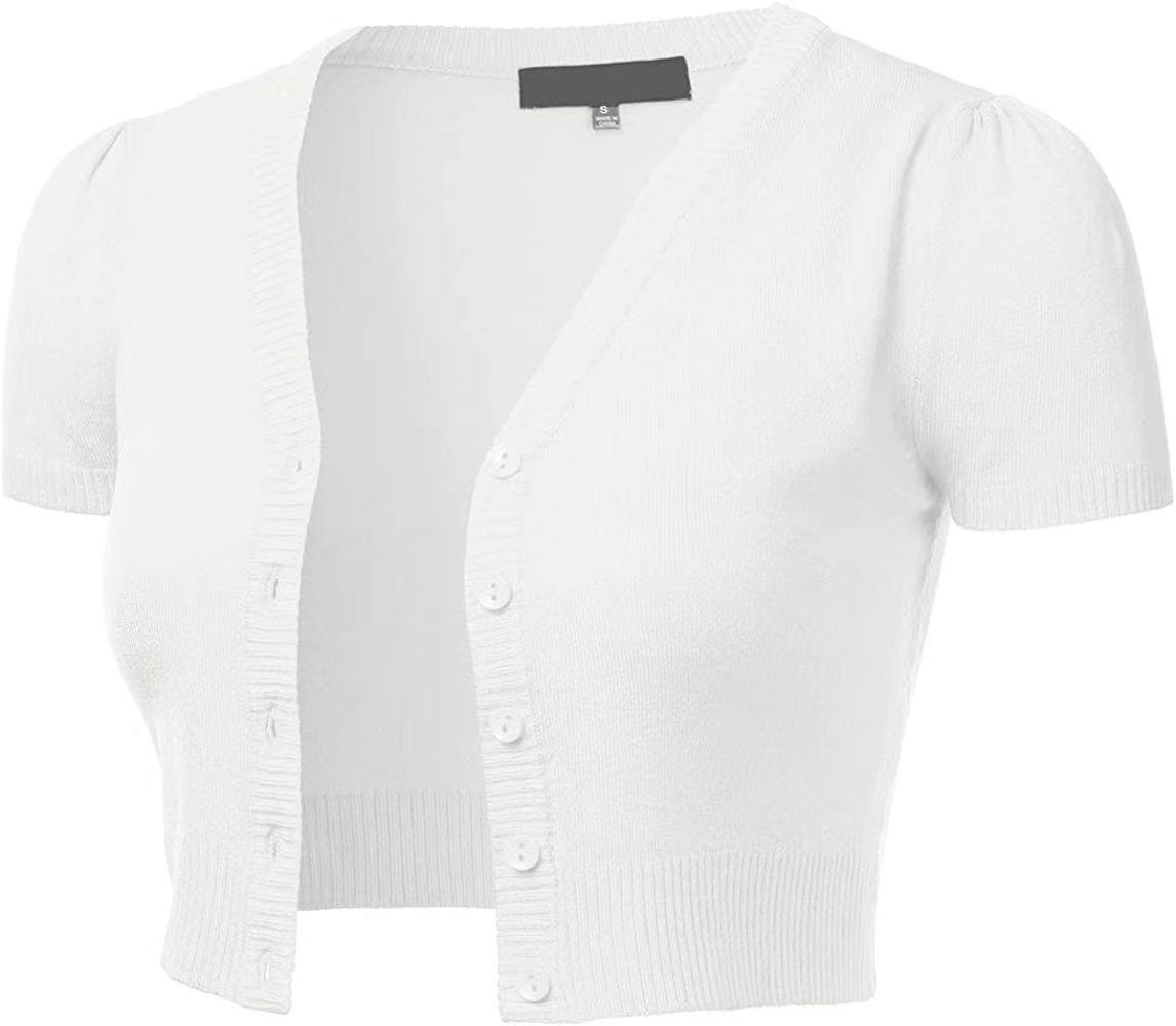 Short Solid V-Neck Button-Front Cardigan Top