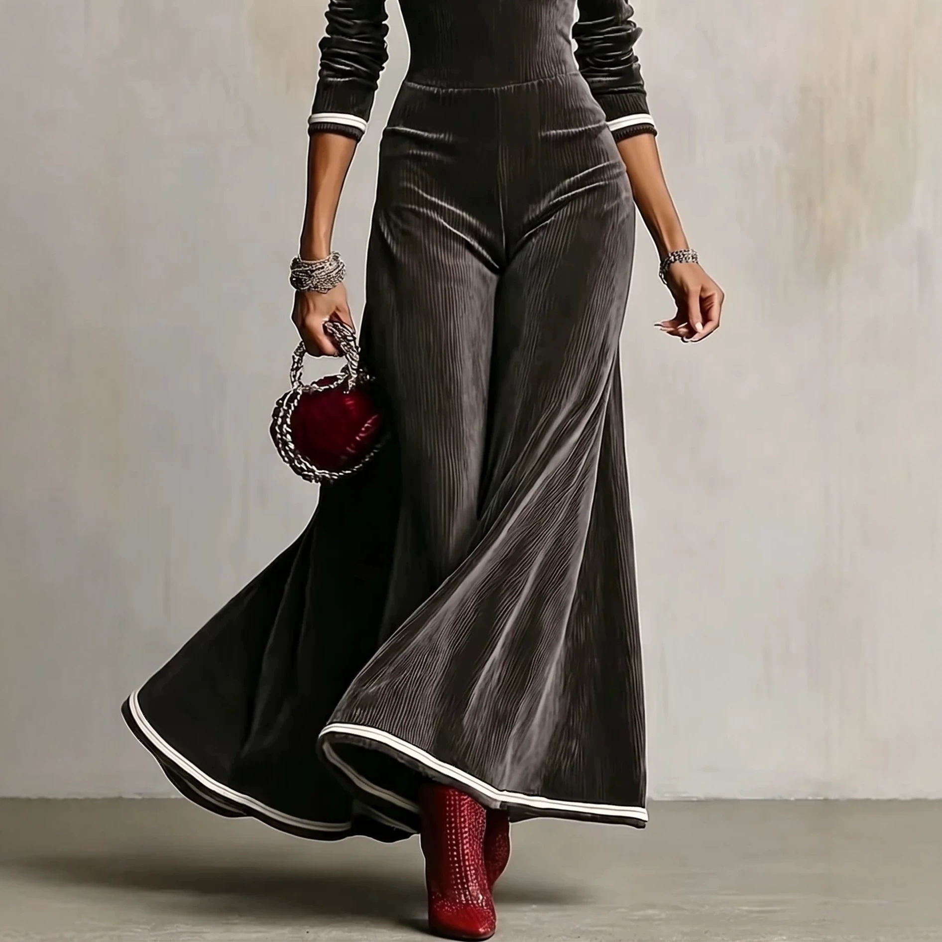 Dark Gray Striped Velvet V-Neck Bubble Sleeve Maxi Dress