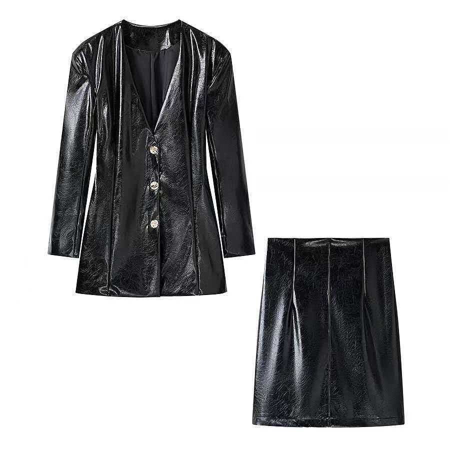 Gold-Button Waist-Cinched Faux Leather Jacket and Bodycon Mini Skirt Set