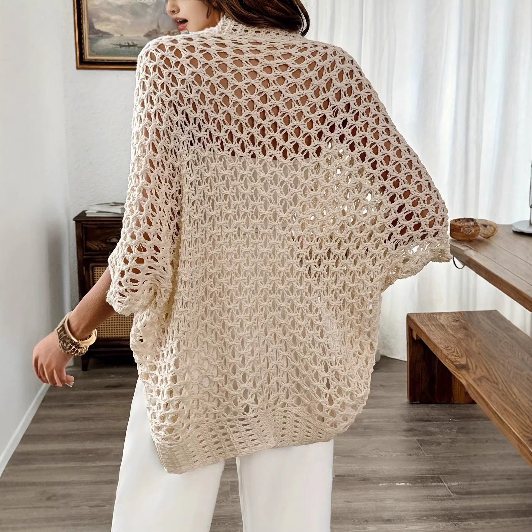 Women's Elegant Retro Open Front Cardigan Batwing Sleeve Hollow Out V Neck Knit Sweater