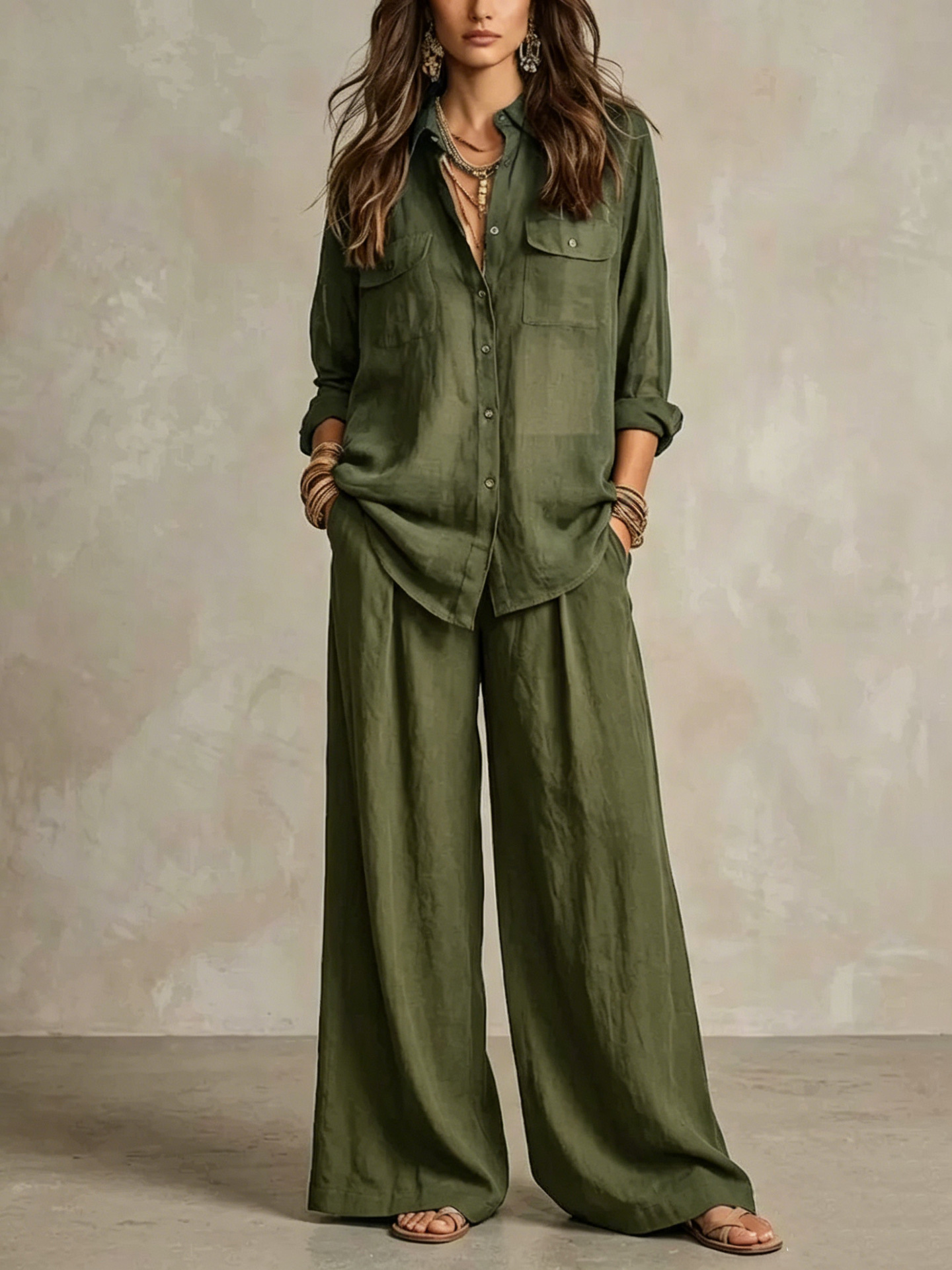 Women's Lightweight Long Sleeve Shirt and Wide-Leg Pants Set