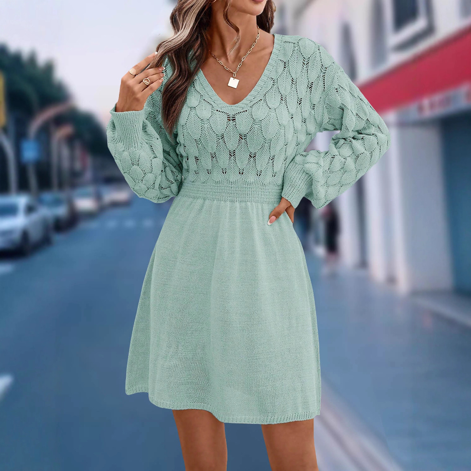 Scale-Pattern 3D Crochet V-Neck A-Line Long-Sleeve Beach Dress