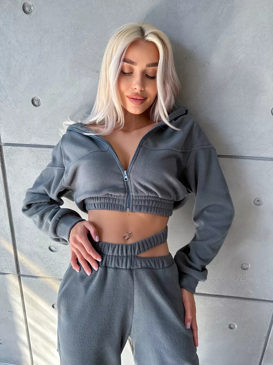 Women's Casual Two-Piece Set Solid Color Long Sleeve Zip Fleece Hoodie & Double-Waist Pants