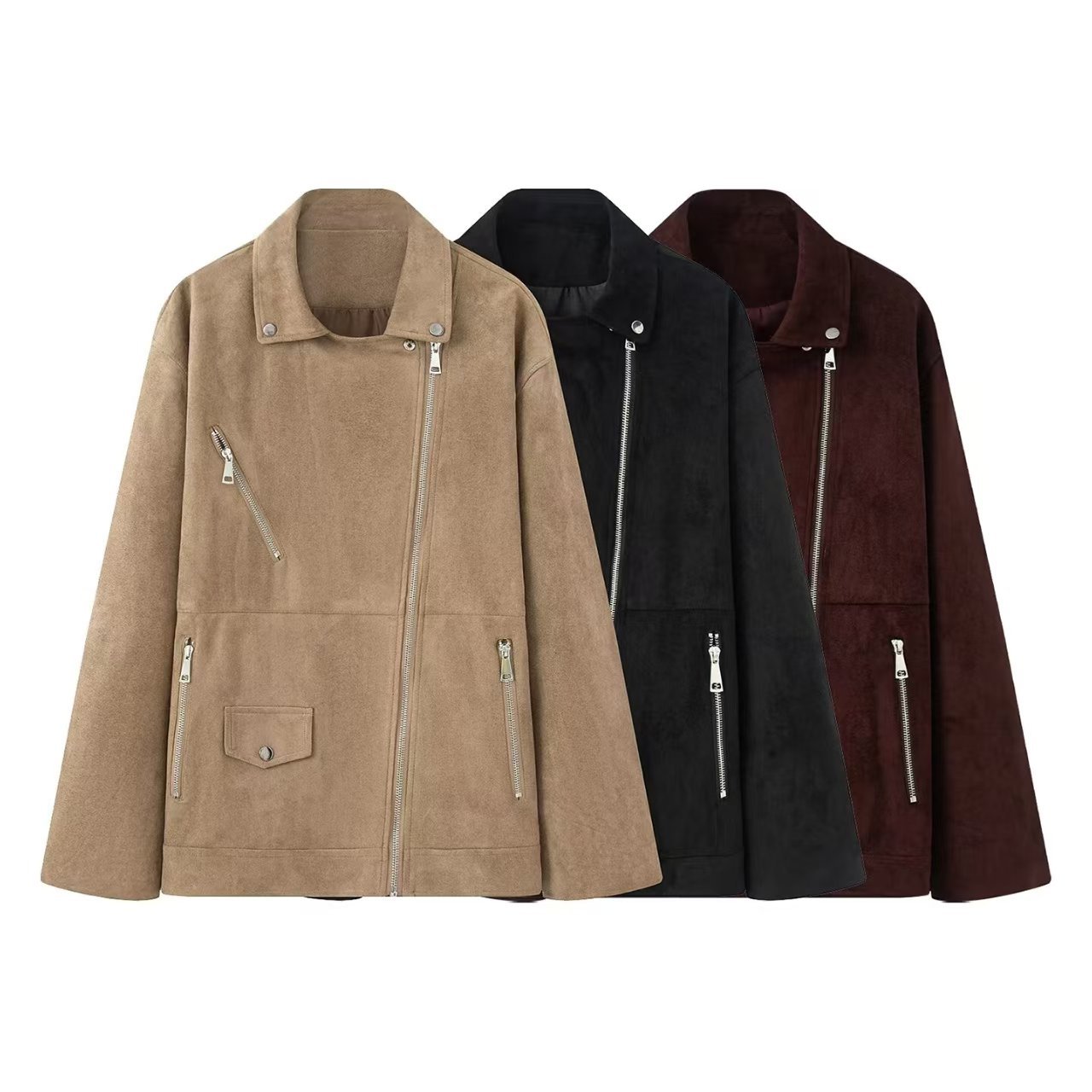Sueded Faux-Suede Moto Jacket with Lapel Collar