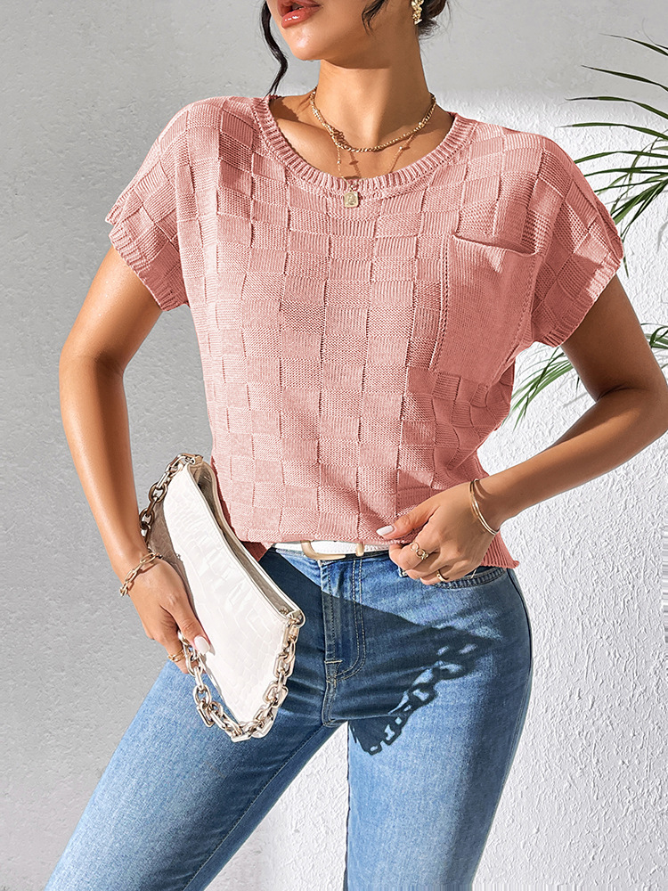 Women's Loose Knit Short Sleeve T-Shirt Solid Color Crew Neck Casual Top