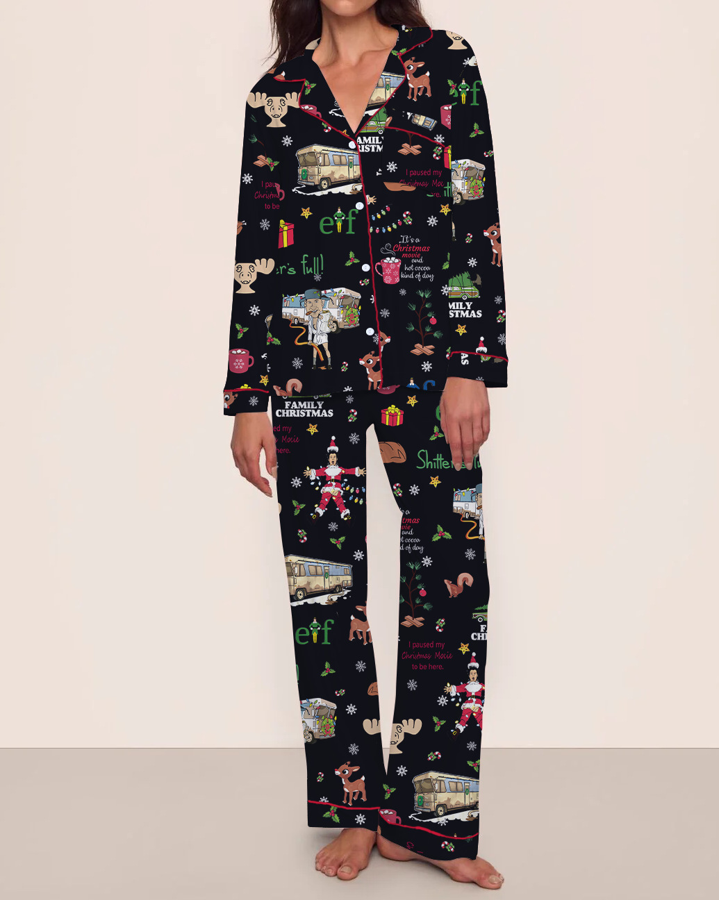 Women's Cuban Collar Tree Ribbon Bus Print Long Sleeve Shirt Set