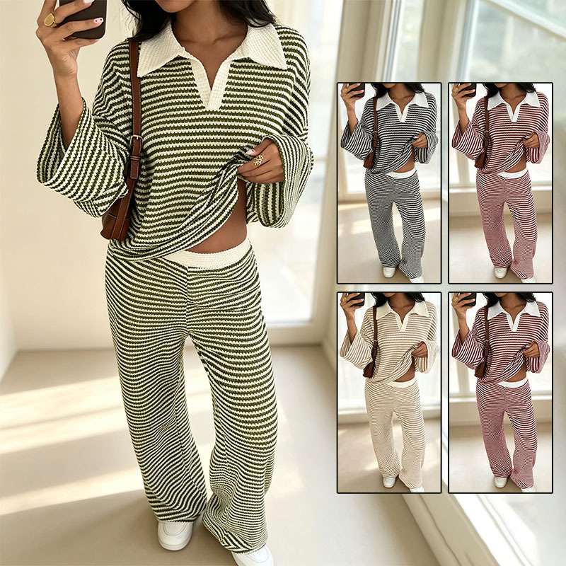 Striped Collar Neck Knit Two-Piece Set with Long Sleeve Top and High-Waist Wide-Leg Pants